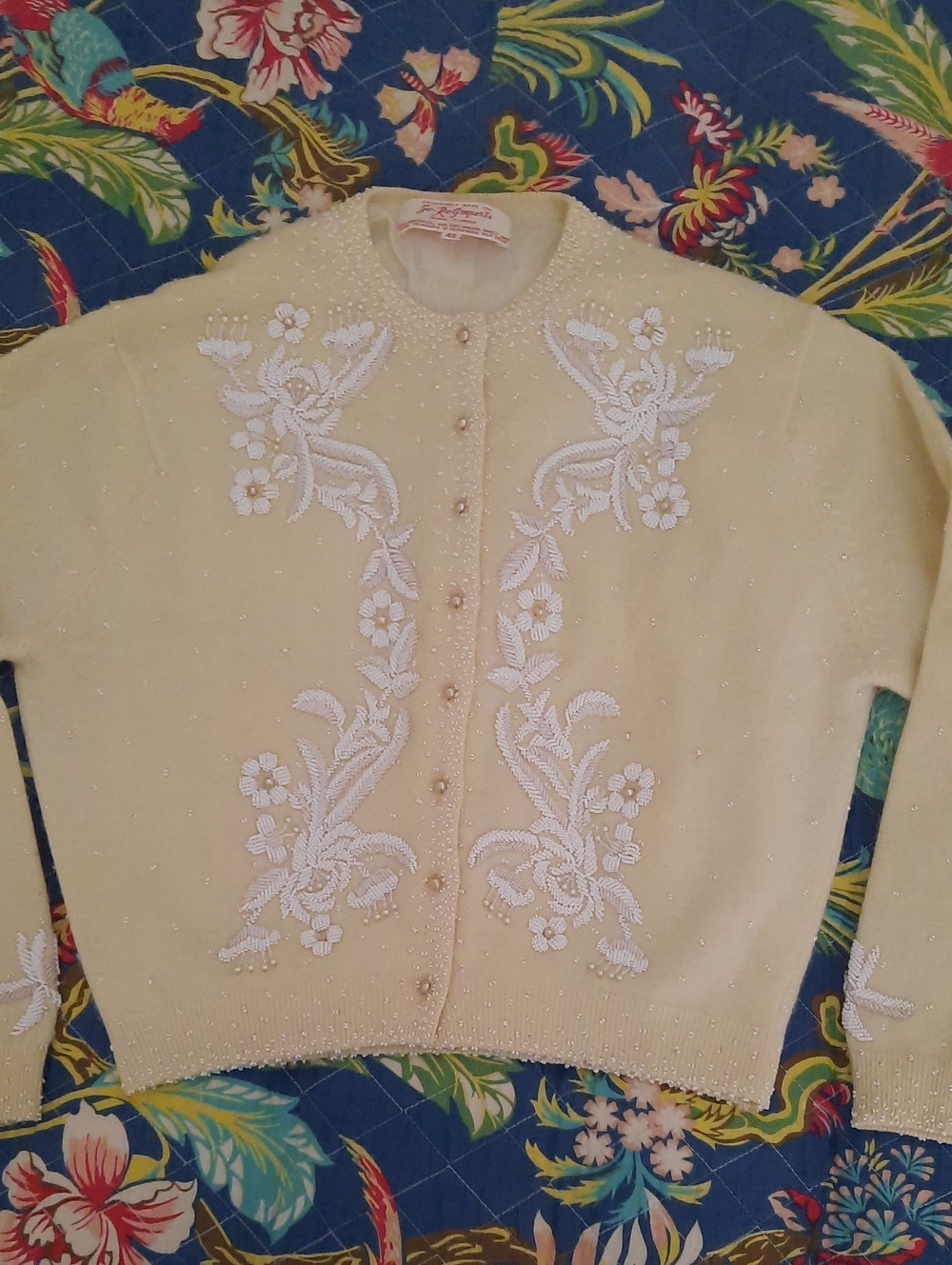 Cream Beaded Floral Crewneck Cardigan Sweater